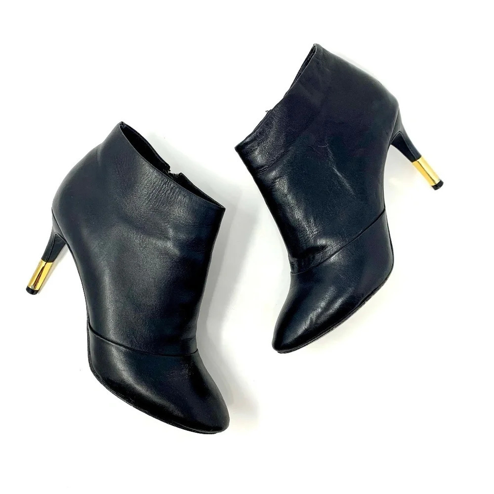 Pour La Victoire Black Leather Gold Heeled Booties